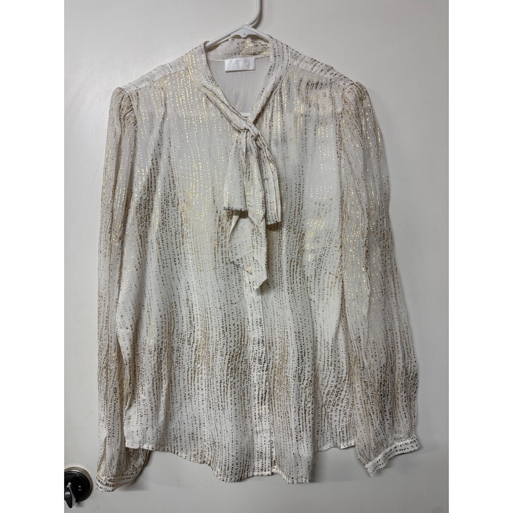 7 For All Mankind White Gold Metallic Foil Tie Neck Blouse L NWT